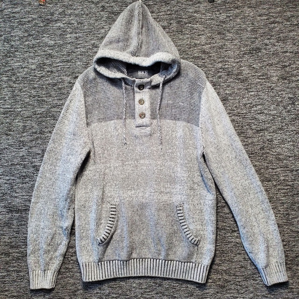 BKE Retrofit Open Weave Henley Sweater Hoodie Mens XL Gray Marl Knit Pullover